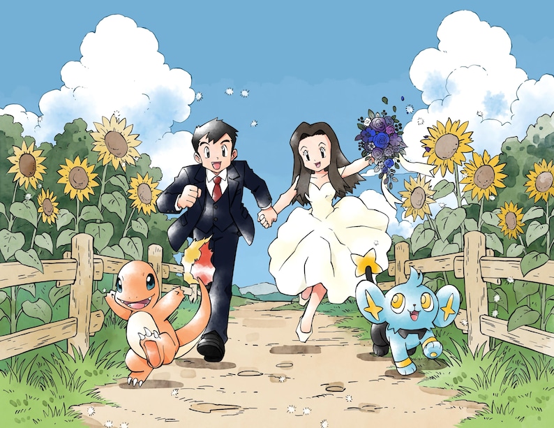 May include: A digital illustration of a couple in wedding attire running along a dirt path between sunflower fields. The person on the left wears a black suit, and the person on the right wears a white dress and holds a blue floral bouquet.