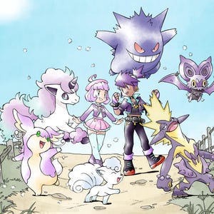 May include: A colorful digital illustration featuring two anime-style characters standing on a dirt path surrounded by six diverse creatures. The group includes a purple ghost, a winged bat-like creature, a white unicorn, a small white fox, a yellow-and-purple creature, and a pink-and-white creature.