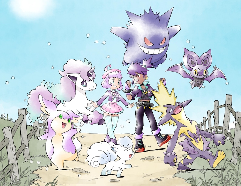 May include: A colorful digital illustration featuring two anime-style characters standing on a dirt path surrounded by six diverse creatures. The group includes a purple ghost, a winged bat-like creature, a white unicorn, a small white fox, a yellow-and-purple creature, and a pink-and-white creature.