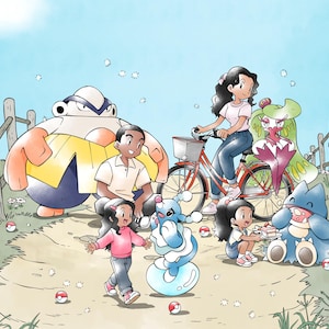 May include: A digital illustration featuring a group of people and various creatures in a grassy field with a wooden fence. A person rides a red bicycle while others interact with a blue and white creature, a large round creature, and a blue bear-like creature.