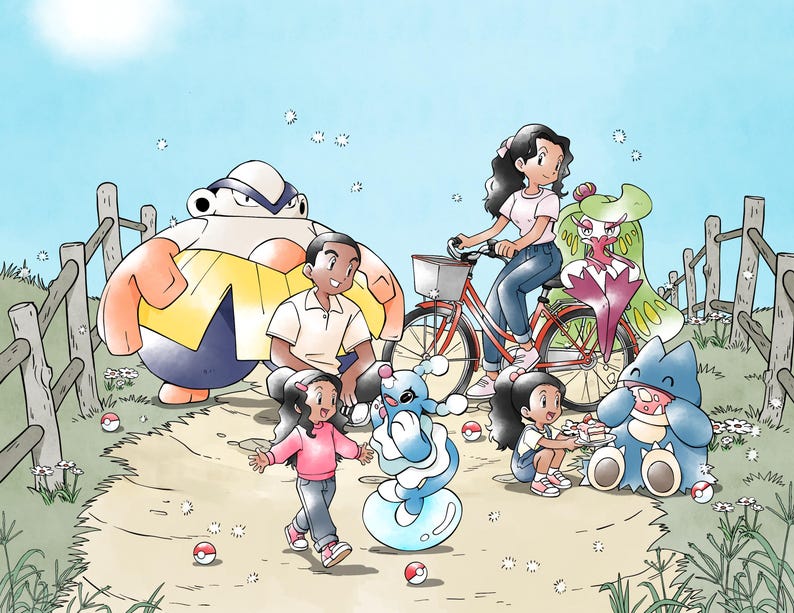 May include: A digital illustration featuring a group of people and various creatures in a grassy field with a wooden fence. A person rides a red bicycle while others interact with a blue and white creature, a large round creature, and a blue bear-like creature.