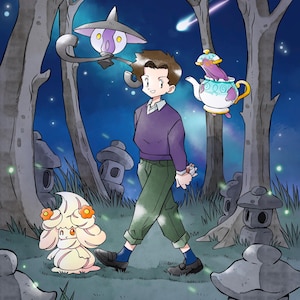 May include: A digital illustration featuring a person in a purple sweater and green pants walking through a forest at night. The scene includes a cream-colored creature with orange flowers, a floating lamp-like creature, and a teapot-shaped creature.
