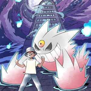 May include: A digital illustration featuring a person wearing a white t-shirt, blue jeans, and a bucket hat standing before a large, white, three-eyed creature with pink accents. A tall building and swirling purple clouds with blue flames are visible.