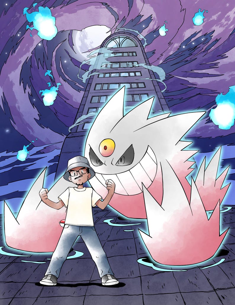 May include: A digital illustration featuring a person wearing a white t-shirt, blue jeans, and a bucket hat standing before a large, white, three-eyed creature with pink accents. A tall building and swirling purple clouds with blue flames are visible.