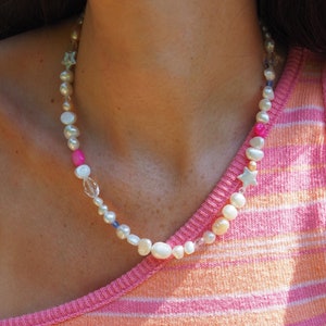 Starry Eyed Pearl Necklace|Colourful Pearl Necklace,Rainbow Beaded Necklace,Freshwater Pearl Necklace,Baroque Pearl Gold Necklace,Real Pearl