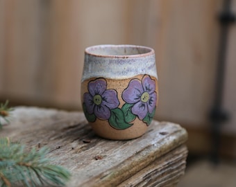 8oz Hand Painted Ceramic Flower Wine Tumbler Cute Pottery Mug White Lilac Purple Stoneware Summer Daisy Dainty Pastel Wedding Gift Cute