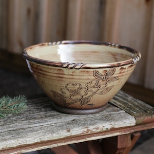 9.75"x5” Hand Thrown Ceramic Dogwood Brown Serving Pottery Bowl Beige Tan Dinnerware Salad Dish Soup Bowl Primitive Nature Flower Sourdough