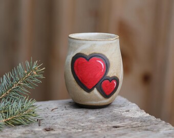 8oz Hand Thrown Ceramic Pottery Wine Glass White Black Pottery Tumbler Stoneware Drink Cup Love Hearts Wedding Anniversary Hand Painted Red