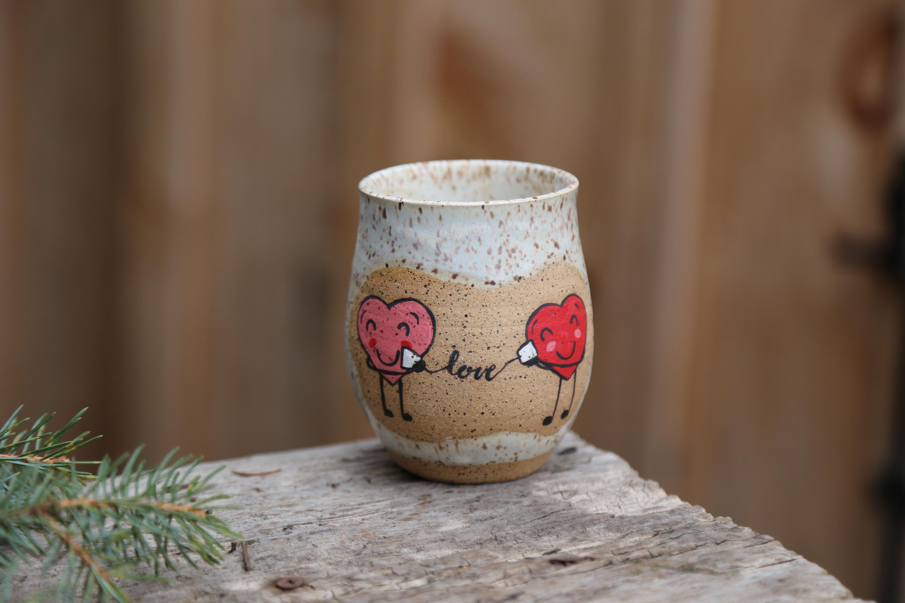 8oz Hand Thrown Ceramic Pottery Wine Glass White Black Pottery Tumbler Stoneware Drink Cup Love Hearts Wedding Anniversary Hand Painted Pink