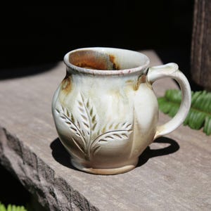 12-14oz Hand Carved Ceramic Mug Wheat Harvest Wood Fired Pottery White Brown Rustic Primitive Hand Made Table Décor Wedding Gift Tea Cup