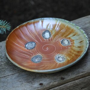 10&quot; HandThrown WoodFire Pottery Plate Ceramic Serving Platter Dinnerware Stoneware Porcelain Orange Brown Boho Wedding Gift Seashell Ocean