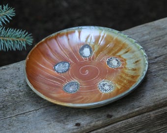 10" HandThrown WoodFire Pottery Plate Ceramic Serving Platter Dinnerware Stoneware Porcelain Orange Brown Boho Wedding Gift Seashell Ocean