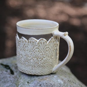 Hand Carved Pottery Mug: 11-13oz Ceramic Brown Coffee Cup, Religious Scripture Grateful Thankful