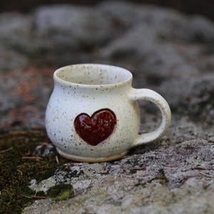 Hand Carved Mini Espresso Heart Pottery Mug: Speckled White Stoneware, 5-7oz Red Love Latte Kids Coffee Mug