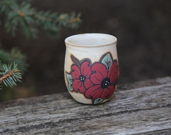 7-8oz Hand Thrown Ceramic Red Cute Floral Wine Tumbler Pottery Mug Stoneware Wheel Thrown Brown Boho Wedding Gift Mothers Grandmothers Daisy