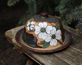 7.5" Hand Painted Floral Dogwood Stoneware Ceramic Butter Dish Green Pottery Dinnerware Kitchen Gadgets Wedding Gift Cooking Floral Art