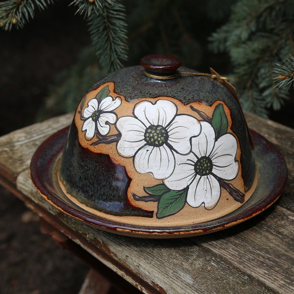 7.5" Hand Painted Floral Dogwood Stoneware Ceramic Butter Dish Green Pottery Dinnerware Kitchen Gadgets Wedding Gift Cooking Floral Art