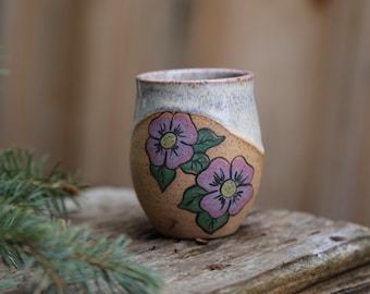 8oz Hand Painted Ceramic Flower Wine Tumbler Cute Pottery Mug White Lilac Purple Stoneware Summer Daisy Dainty Pastel Wedding Gift Cute