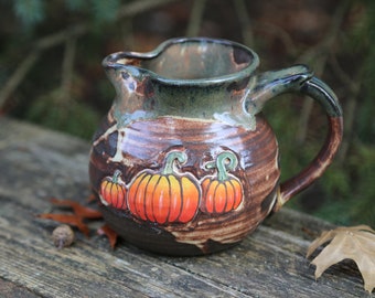 Hand painted Carved Ceramic Pumpkin Creamer Pitcher Green Brown Holiday Thanksgiving Fall Coffee Mug Pumpkin Spice Decor Stoneware