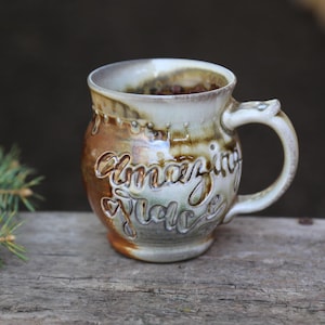12-14oz Wood Fired Ceramic Hand Carved Amazing Grace Pottery Mug Porcelain Clay Gifts For Her Scripture Rainbow Coffee Cup Mom Collectors