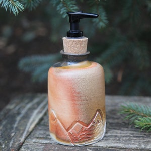 Wood Fired Ceramic Soap Dispenser Hand Thrown Porcelain Clay White Grey Orange Copper Hand Carved Rainbow Design Bathroom Decor