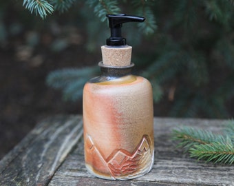 Wood Fired Ceramic Soap Dispenser Hand Thrown Porcelain Clay White Grey Orange Copper Hand Carved Rainbow Design Bathroom Decor