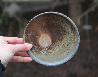 Hand Thrown Wood Fire Pottery Plate Ceramic Dinnerware Stoneware Porcelain Orange Brown Grey Wedding Gift Cookie Plate