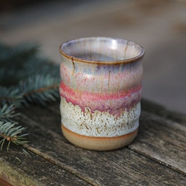 8oz Hand Thrown Pink Blue Purple Smokey Merlot Brown Winter Wood Light Pearl Flux Ceramic Pottery Coffee Tumbler Mug Stoneware Tea Cup