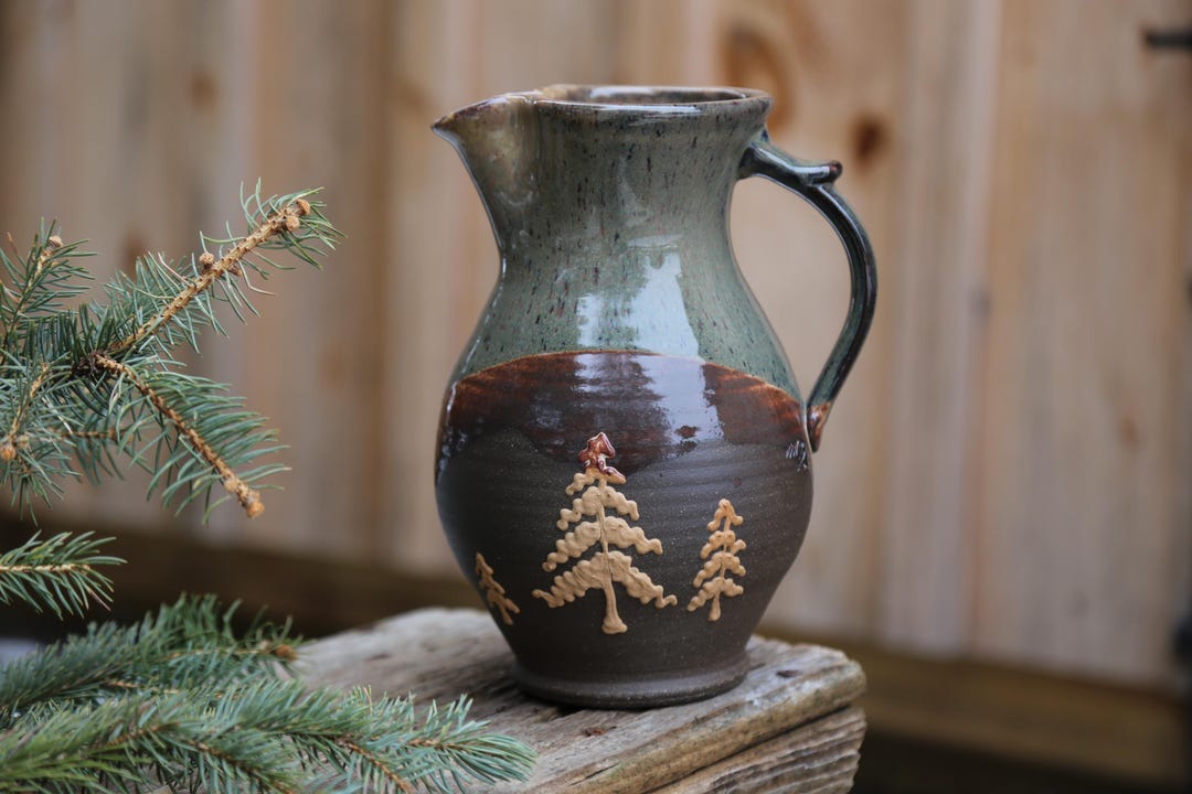 Tree Colorful Pitcher 56oz Ceramic Pine Tree Pottery Pitcher Cream Beige Drink Set Brown ...