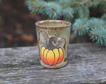 9oz Hand Thrown Ceramic Pumpkin Pottery Tumbler Fall Thanksgiving Halloween Stoneware Dinner Cup Pottery Mug Green Autumn Unique Carved