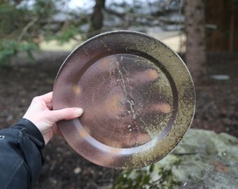 Hand Thrown Wood Fire Pottery Plate, Rustic Ceramic Serving Platter (10-10.25" Diameter)