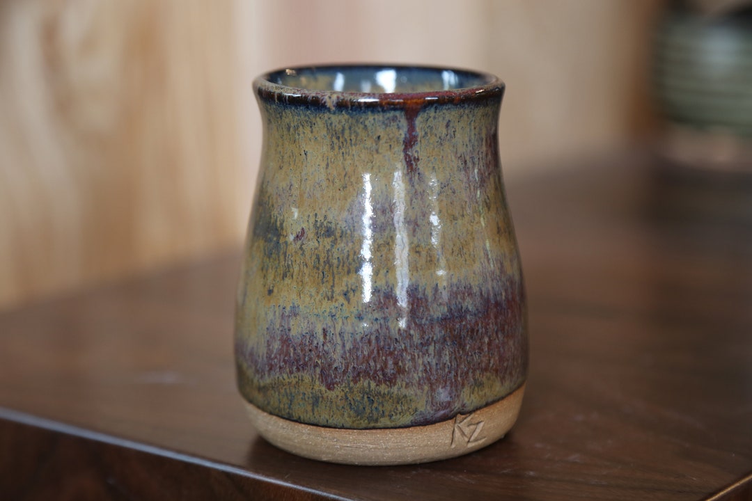 Hand Thrown Chun Plum Ancient Jasper Ceramic Pottery Mug Wine Glass Stoneware Tumbler Rainbow