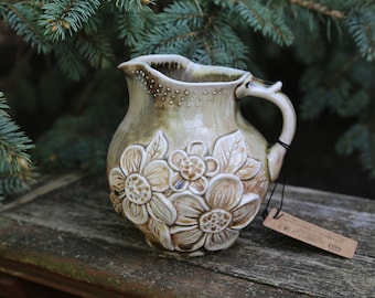 Handmade Ceramic Pitcher Flower Daisy Wood Fired Pottery grey green Brown Rustic Primitive Table Décor Wedding Gift Vase Collectors Items