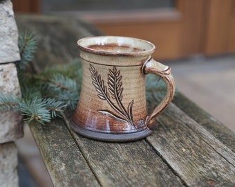 8-9 oz Hand Thrown Ceramic Coffee Mug Brown Pottery Cup Hand Carved Cream Beige Handmade Stoneware Tea Nature Flowers Wheat Rustic Primitive