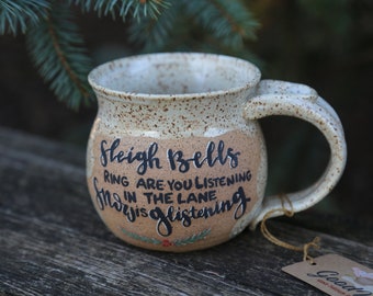 12oz Hand Painted Ceramic Christmas Mug Classic Coffee Mugs Stoneware Pottery Cup Noel White Holiday Unique gift Jingle Bells Religious Snow