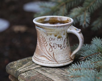 9oz Hand Carved Ceramic Mug Wheat Scripture Wood Fired Pottery Orange Brown Rustic Primitive Hand Made Table Décor Wedding Gift Tea Cup
