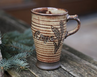 15oz Hand Thrown Ceramic Coffee Travel Mug Brown Pottery Cup Hand Carved Cream Beige Handmade Stoneware Tea Nature Wheat Rustic Scripture