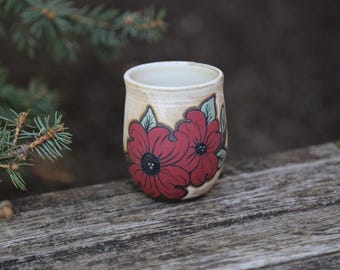 7-8oz Hand Thrown Ceramic Red Cute Floral Wine Tumbler Pottery Mug Stoneware Wheel Thrown Brown Boho Wedding Gift Mothers Grandmothers Daisy