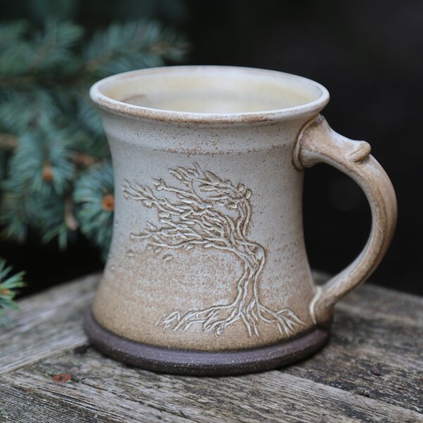 11oz Hand Made Tree Bonsai Beige White Rutile Ceramic Brown Pottery Mug Stoneware Hand Thrown Wheel Thrown Pottery Mug Vine