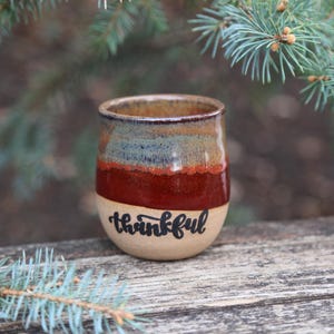 7-8oz Hand Thrown Red Ceramic Pottery Wine Glass Mug Stoneware Brown Clay Inspirational Religious Gift Mom Painted Tumbler Cute Cup Thankful