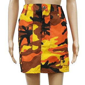 Trending Army Mini Skirt Orange Camo Military Style Cargo Skirt