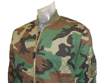 Bomber Jacket Woodland Camo Green Brown  Black Camouflage Classic Flight Padded Coat