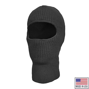 May include: A black knitted balaclava with a single eye hole opening. Made in the USA.