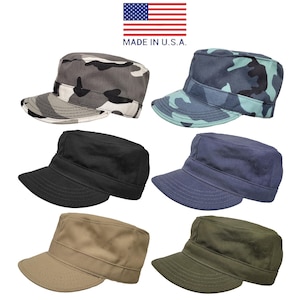 May include: Six different styles of military-style caps. The caps are made of cotton and have a classic design. The caps are available in camouflage, black, blue, khaki, and green.