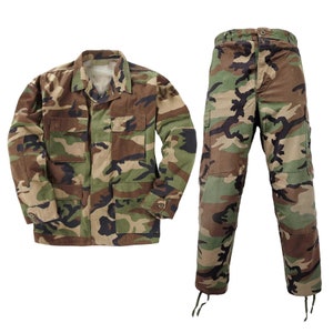Uniforme del ejército Vintage Original excedente militar de EE. UU. Preloved BDU Ripstop Top y pantalón conjunto completo Woodland Camo vestido de combate