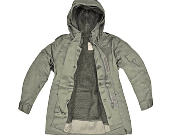 Französischer Parka Original Army Kapuzenfutter Manteljacke Militär Vintage Olivgrün Preloved Collection Überschusszustand mit abnehmbarem Innenfutter