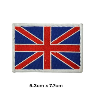 May include: An embroidered Union Jack flag patch with a white border. The patch measures 5.3cm by 7.7cm.