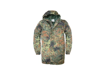 Chaqueta militar alemana tipo parka, original, militar, con capucha, de combate de campo, camuflaje Flecktarn, usada, vintage.