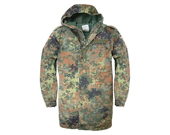 Original alemán Parka ejército militar chaqueta con capucha campo Flecktarn Camo excedente Preloved usado condición camuflaje abrigo vintage