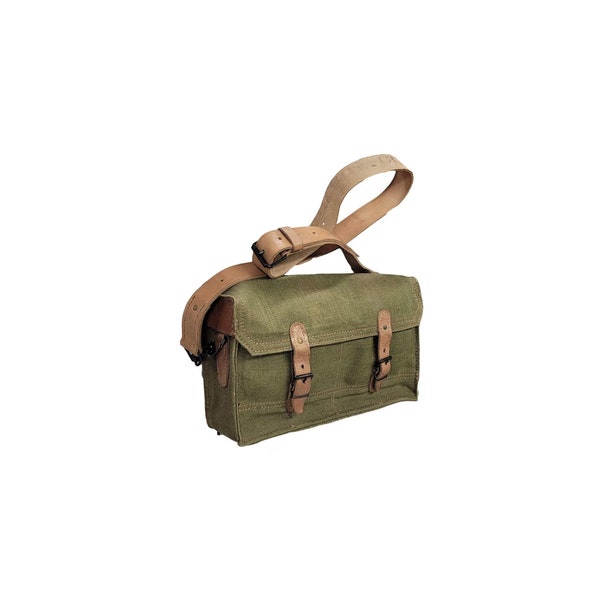 Vintage Army Bag Original French Military Vintage Leather Tote Canvas Shoulder Day Sack Issued Shoulder Carrier Musette